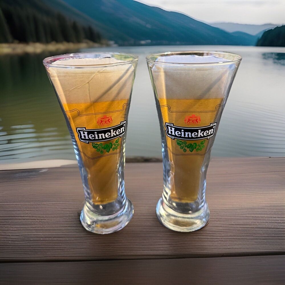 2 Heineken Beer Pilsner Glasses  7" Tall 11.5 oz Home Bar Gift